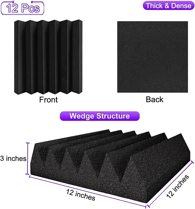TroyStudio Thick Acoustic Foam Panels, 12 X 12 X 3 Inch 12 Pcs Broadband Sound Absorbing Foam, Dense Soundproof Padding Tile, Recording Studio Foam Absorber, Wedge Decorative 3D Wall Ceiling Panel