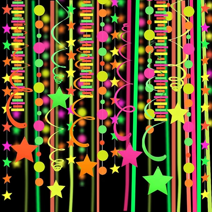 530feet UV Paper Neon Garland Neon Streamers Glow in The Dark Glow Party Supplies and Decorations Glow in The Dark Streamers Blacklight Reactive Fluorescent Black Light Neon Party Supply for Birthday