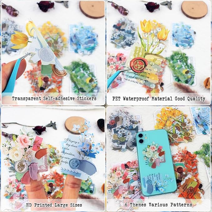 Dwpetzo 6 Assorted Watercolor Mixed Floral Leaf Collage Stickers for Journaling, 120Pcs Decorative Background PET Stickers for Scrapbooking, Junk Journal Supplies, Card Making