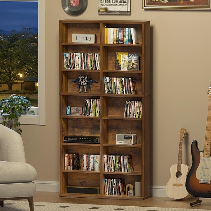 LELELINKY 7 Tier Tall Display Cabinet, Brown Media Storage Cabinet with Adjustable Shelves, Free Standing DVD Organizer Shelf, Floor Multimedia Storage Manga Bookshelf for Living Room & Home Office.