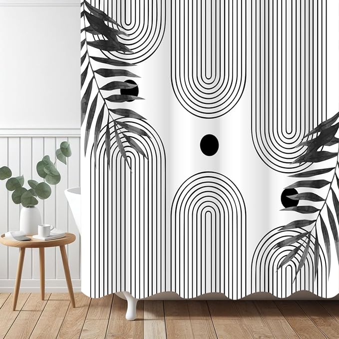 Boho Mid Century Modern Shower Curtain, Abstract Arch Leaf Minimalist Sun Black and White Machine Washable Waterproof Fabric for Bathroom Decor Bathtub with Hooks 60Wx72H