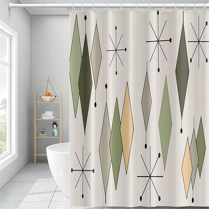 Boho Mid Century Shower Curtain Vintage Abstract Green Diamond Geometric Atomic Starburst Pattern for 1950s Retro Bathroom Decor Accessories Shower Curtain Set with 12 Hooks, 72x96 Inches