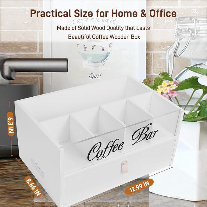 Intarsio 2-Tier Coffee Bar Organizer with Clear Acrylic Top, Built-in Drawer and Leather Handle Pull for Countertop, Stylish Coffee Station Storage Box for Accessories, Pods, Great Gifts for Home