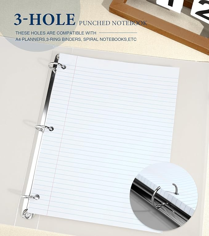 PINJINGPRO College Ruled Loose Leaf Paper, 3 Hole Punch Paper 8 x 10.5, Notebook Paper, Filler Paper for 3 Ring Binders, Lined Paper College Ruled, 100 Sheets/Pack Writing Paper With Lines (4 Pack)