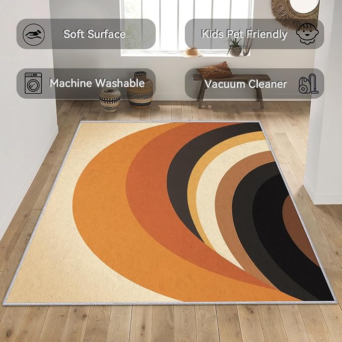 Mid Century Modern Area Rug 6x6, Washable Non-Slip Low Pile Retro Rainbow Rug for Living Room Bedroom Home Office, Abstract Boho Carpet in Terracotta Camel Cream and Black