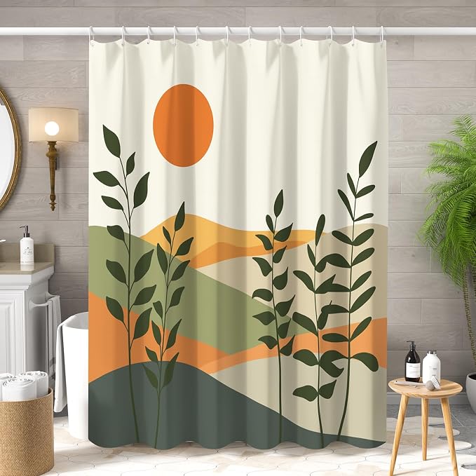 Boho Mid Century Shower Curtain for Bathroom Modern Abstract Sun Botanical Leaves Bath Curtain Neutral Minimalist Plant Waterproof Fabric Bathroom Decor Set with Hooks 72x72 inch