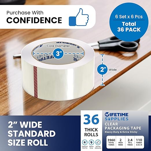 Lifetime Supplies 12 Rolls | 2.4 mil Clear | 65 Yards Each (780 Yards Total) | 2" Premium Packing Tape Heavy Duty Packaging Tape for Shipping Moving Stronger Thicker