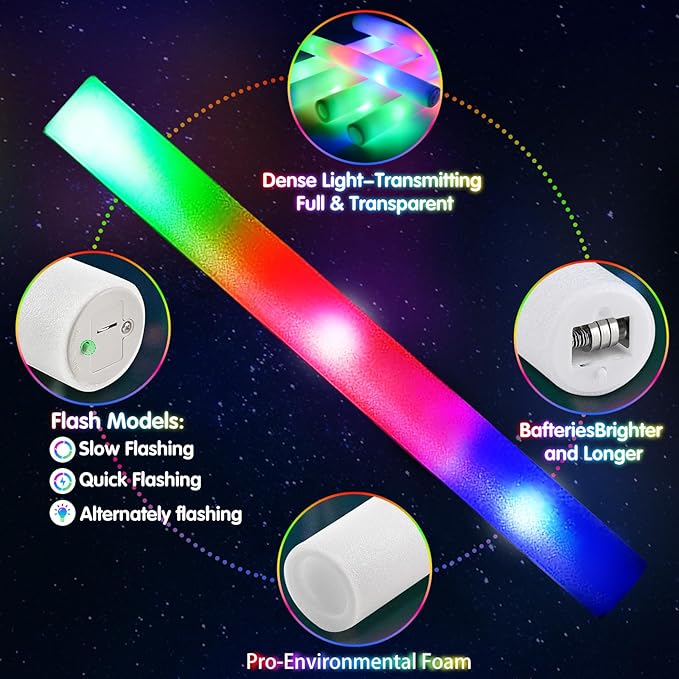 48 Pcs Foam Glow Sticks, Glow Sticks Bulk with 3 Modes Colorful Flashing, Light Up Baton Wands for Kids, Glow Stick Party Pack for Wedding, Raves, Concert, Camping, New Year Carnival