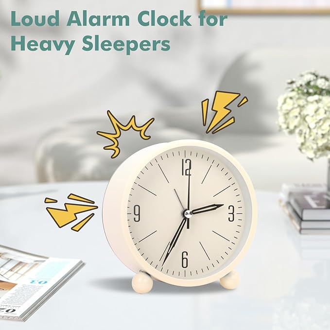 Blusaryme Analog Alarm Clock - 4 Inch Super Silent Non-Ticking, Battery Operated Small Clock with Night Light, Elegant Bedside Desk Clock for Bedroom, Living Room, Office, Student Gift