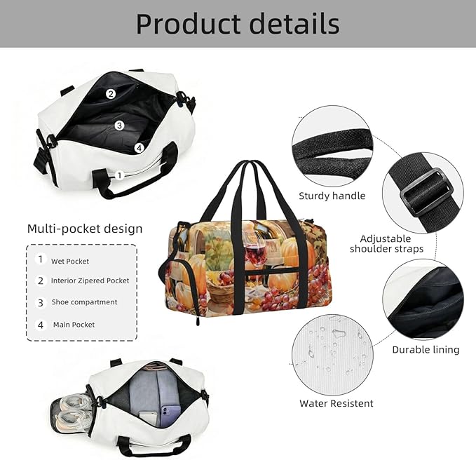 Sports Gym Bag Grape Wine Art Painting Travel Duffel Bag With Shoe Compartment Shoulder Strap, Lightweight Water-Resistant Weekend Overnight Totes For Women Men