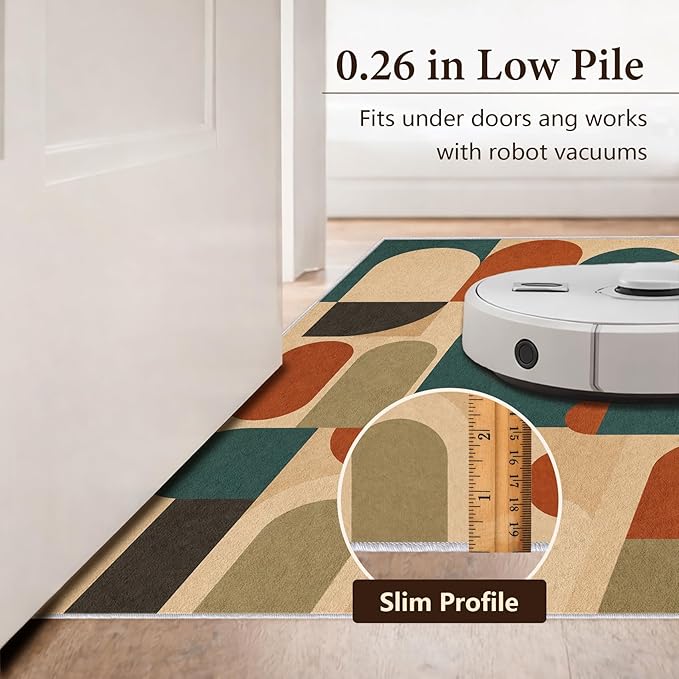 Teal Rust Area Rug 2x3, Mid Century Modern Mosaic Geometric Rug, Retro Abstract Color Block Washable Low Pile Non Slip Rug for Living Room Bedroom