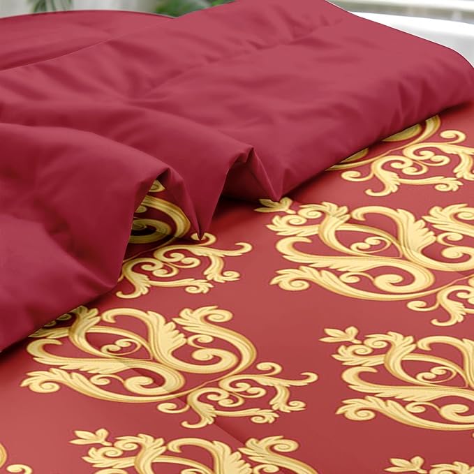 Comforter Set Twin Size, Vintage Floral Gold 5 Pcs Bedding for Kids and Adults, Medieval Burgundy Red Bed Sheet Sets with Fitted Sheet Pillowcase & Sham for Bedroom Bed Decor