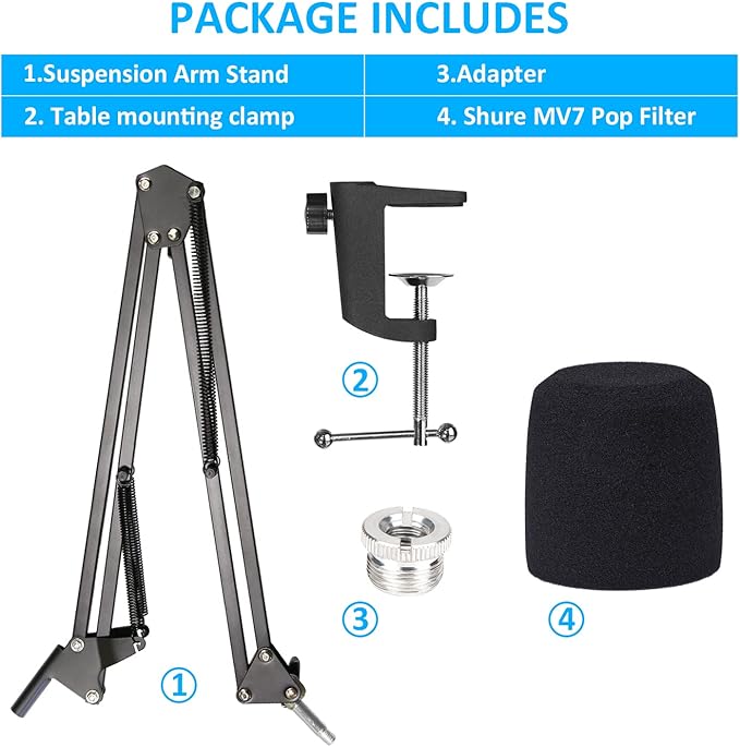 SUNMON MV7 Boom Arm Mic Stand with Pop Filter, Adjustable Suspension Boom Scissor Arm Stand with Pop Filter Compatible with MV7, MV7X adn SM7B Microphone by SUNMON