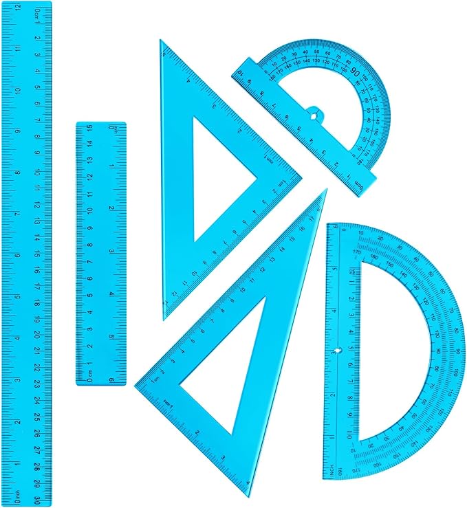 Tenare 6 Pcs Plastic Ruler Math Set Includes 12 Inch 6 Inch Straight Protractor Triangle Geometry Transparent Math Ruler Measuring Tools for School Office Home(Blue)