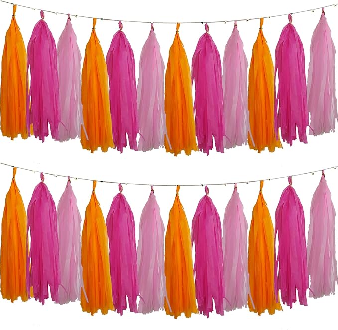 We Moment Pink Orange and Rose red Tassel Garland Banner Paper Tassels for Pink Orange Party Decorations,Pack of 15