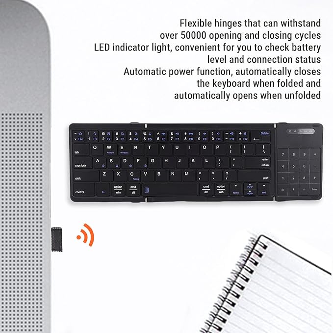 SUNGOOYUE Foldable Keyboard, Portable 5.3 2.4G Wireless Keyboard with Touchpad Number Pad with 59.3 x 64.8mm touchpad Battery for Tablet Laptop PC Smartphone