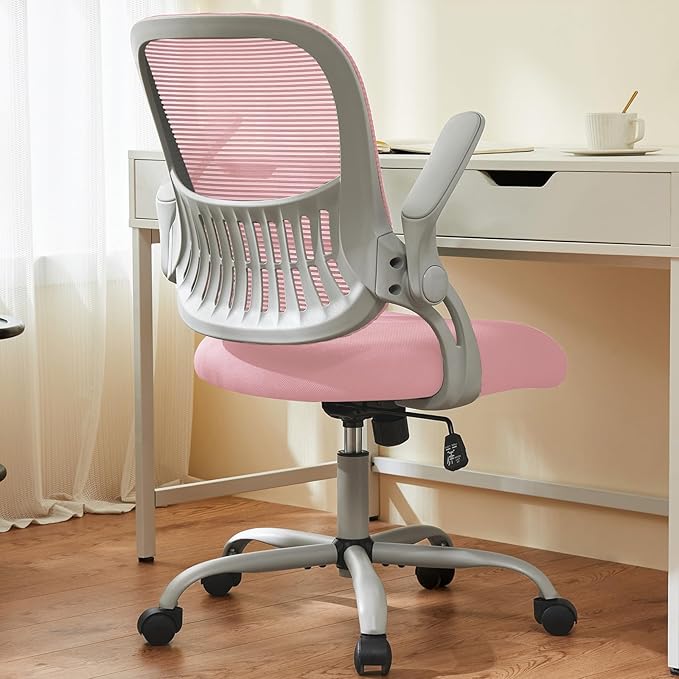 Sweetcrispy Home Office Computer Desk Chair, Ergonomic Mid-Back Mesh Rolling Work Swivel Task Chairs with Wheels, Comfortable Lumbar Support, Comfy Flip-up Arms for Bedroom, Study, Student, Pink