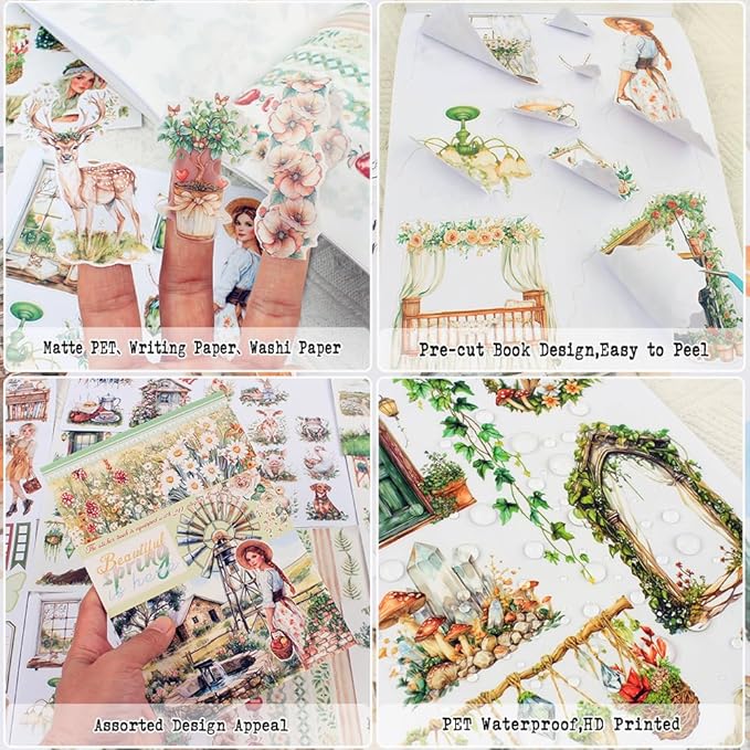Dwpetzo Spring Cottage Scenery Scrapbook Stickers, 20 Sheets A5 Pre-Cut PET Washi Stickers Book for Journaling, Junk Journal Supplies, Bujo, Collage, Crafts Arts