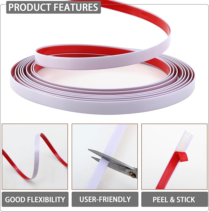 Glossy White Peel and Stick PVC Molding Trim, Flexible DIY Wall Accent Strip for Mirror Frame, Cabinet, Edges & Borders and Tiles (197''L x 0.4''W)