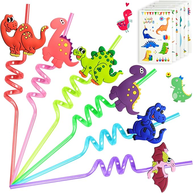 24 Reusable Dinosaur Drinking Plastic Straws + 6 Dinosaur Temporary Tattoos for Kids Girls Boys | Dinosaur Birthday Party Supplies Three Rex Party Favors Decorations with Cleaning Brush