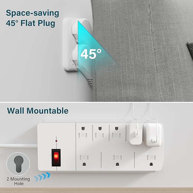 Elecan Surge Protector Power Strip with 8 Ft Extension Cord, 8 Widely Spaced Outlets with Safety Cover, 45 Degree Flat Plug Wall Mountable Multi Outlet Extender, Heavy Duty 14AWG, 1200J/125V,ETL-White