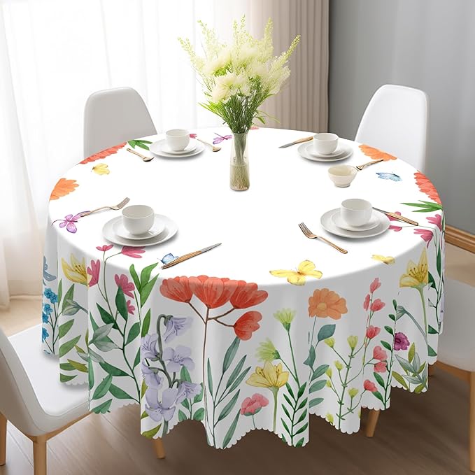 Eikione Tablecloth 70inch,Tablecloth Waterproof and Wrinkle-Free, Wild Flower Rustic Table Covers, Summer Decorations for Home