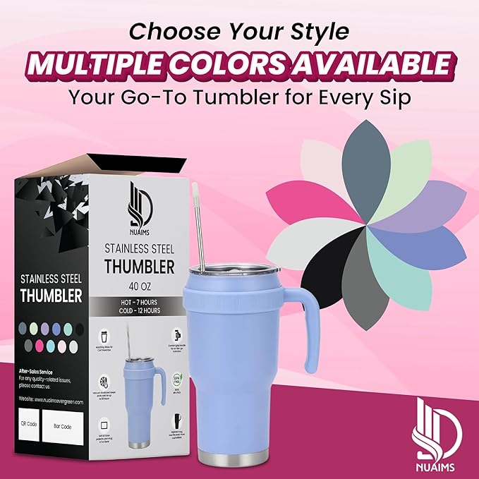 40 Oz Tumbler with Handle & Straw Lid, Insulated Stainless Steel Vacuum Flask, Double Wall Thermal Car Cup for Hot & Cold Drinks, Leak Proof, BPA Free (Slate Gray)