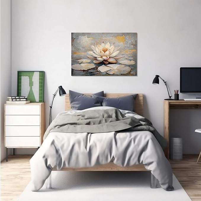 Ethereal white lotus floating on Crystal Waters poster vintage oil painting printwall art soft blush and gold accents serene home and office decor dreamy 28x40in Frameless