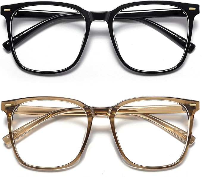 MACJERO 2-Pack Oversized Square Blue Light Blocking Glasses for Women Men, Anti-Fatigue Computer Monitor Gaming Glasses Reduce Eye Strain(Black+Brown)