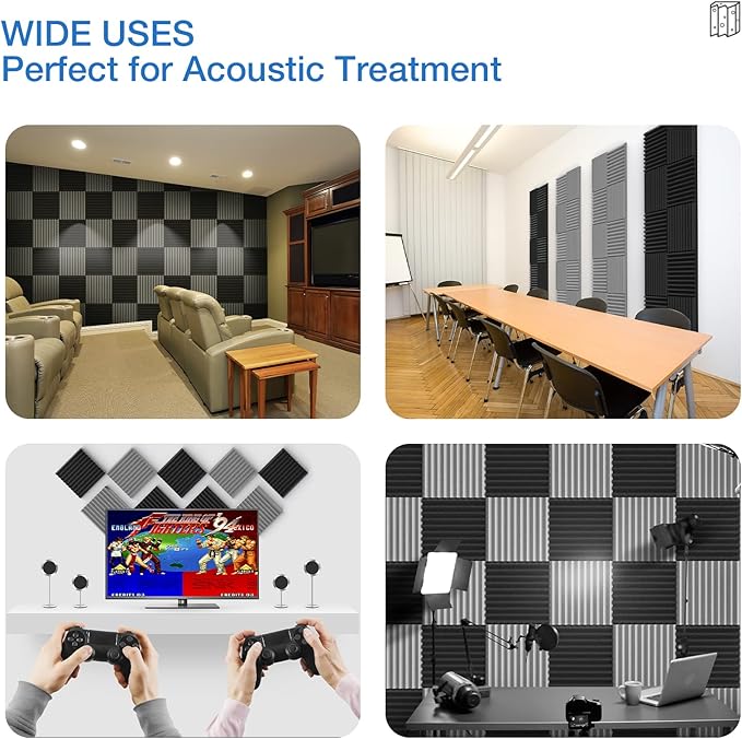 24 Pack Self-Adhesive Acoustic Panels - 2"X 12"X 12"Wall Panels - Quick-Recovery and High Density Sound Panels - Sound proof Acoustic Foam for Home Studio - Gray