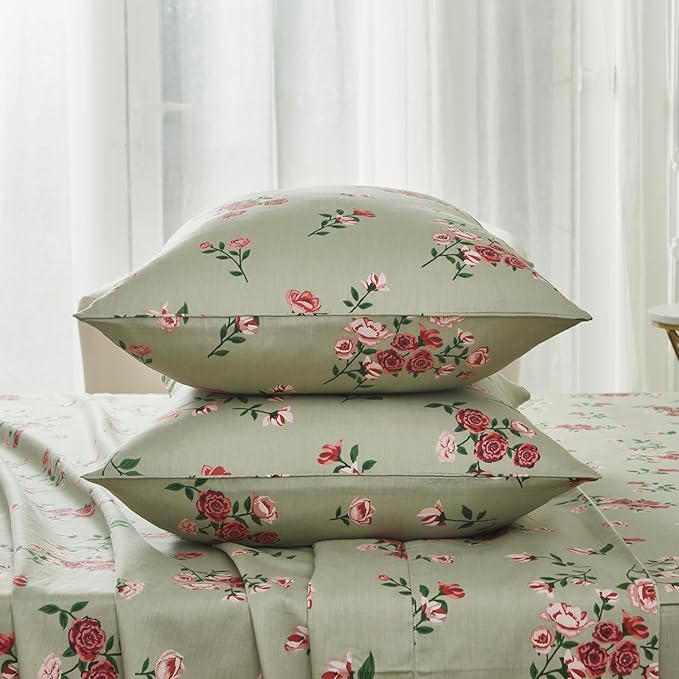 FADFAY King Size Sheet Set 100% Cotton Sage Green Bed Sheets, French Country Red Rose Floral Pattern, Soft Cool Luxury Bedding, Shabby Vintage Style, 4 Pieces Deep Pocket Fitted Sheet
