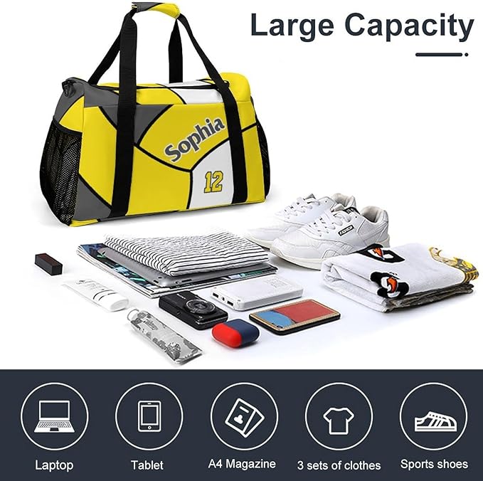 Custom Volleyball Yellow Duffel Bag with Name Personalized Travel Bags Sport Gym Bag Carry On Weekender Bags for Men Women