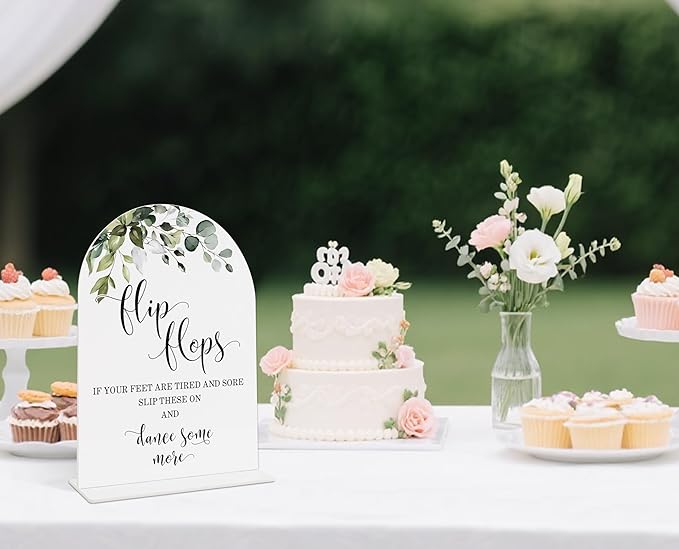 Wedding Signs for Reception, Green Leaves Flip Flops Sign, Wedding Reception Signage, Bridal Shower Table Decorations with Base, Dance Floor Accessories for Proposal, Bridal Shower Events Ceremony, 11