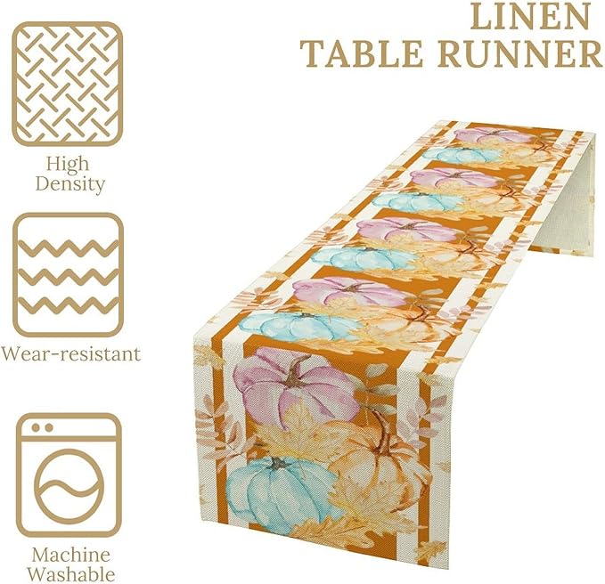 Watercolor Pumpkin Table Runner Rustic Farmhouse Autumn Plants Colorful Leaves Pastoral Harvest Theme Home Decor for Farmhouse Indoor Outdoor Party Holiday Dining Kitchen Restaurant Cafe W13xL60in