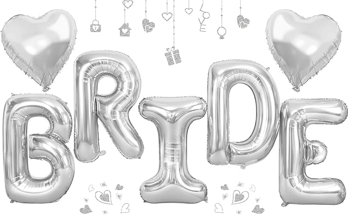 40inch Silver BRIDE Letter Balloons, Giant Silver Bride Foil Helium Balloon Banner with Heart Balloon for Bride to Be Wedding Engagement Bridal Shower Bachelorette Party Decoration