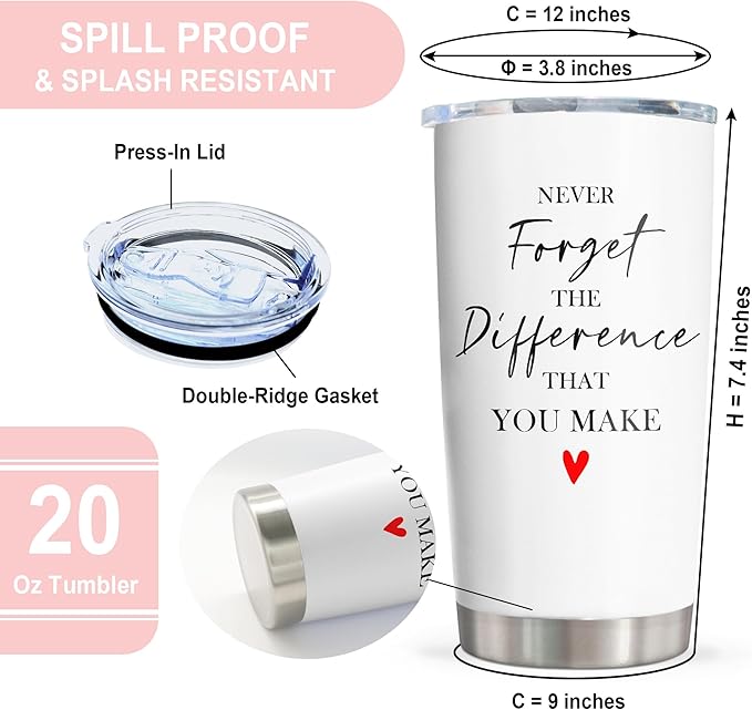 Thank You Gifts for Women/Men, Teacher/Employee Appreciation Gifts, Retirement Gift for Woman, Farewell Gift for Coworkers, Never Forget The Difference You Make Tumbler 20oz