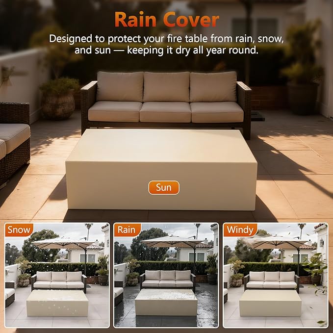 2-Piece 42" Rectangular Propane Fire Pit for Outside Patio with Hidden Tank Table, 50,000 BTU Fireplaces with Glass Wind Guard, Lid, Glass Rocks, Cover(Grey Wood Grain)