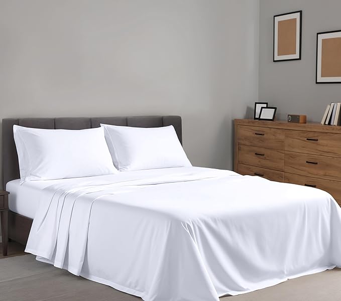 RUVANTI 100% Cotton Sheets Queen Size Set, 4 Pieces, Soft & Breathable Percale Weave Bedding, Deep Pocket 16", Hotel Standard, Crisp Cool Feeling, Durable, Perfect Dyed Bed Sheet, Bright White