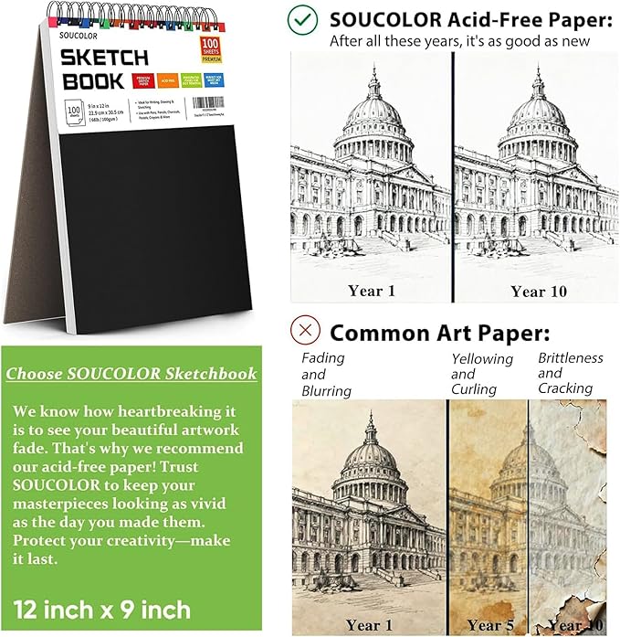 Soucolor 9" x 12" Sketch Book, 100 Sheets Top Spiral Bound Sketchbook with Acid-Free 68lb/100gsm Drawing Paper, Art Sketch Pad for Kids, Adults & Artist, Professional Art Supplies for Beginners
