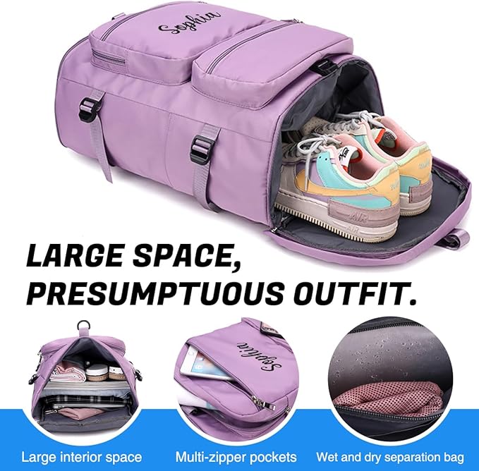 Personalized Sports Duffel Bag, 35L Custom Embroidered Gym Backpack for Men Women, Travel Weekender Bag with Shoe & Laptop Compartment, Carry On Overnight Workout Bag(Pink)
