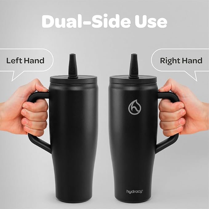 Hydracy 40 oz Tumbler with Handle and Straw, Stainless Steel Insulated Travel Cup with No Spill Rotatable Flip Lid for Left or Right Hand Use, Rubber Base, Fits in Cup Holder - Sexy Black