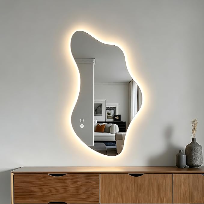51.2″ Asymmetrical Bathroom Mirror with Lights, LED Irregular Wall Mirror, Abstract Modern Lighted Vanity Mirror for Wall, Anti-Fog, Dimmable, Horizontal/Vertical