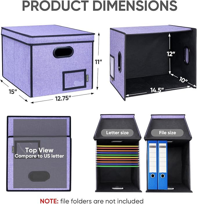 BALEINE File Organizer Box with Lid, Collapsible File Folder Organizer with Plastic Slide, Hanging File Folder Box for Office Document Storage (Tab Friendly, 1 Pack, Purple)