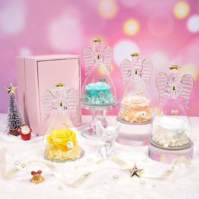 Sunia Preserved Flower Rose Gift for Women - Mother's Day Birthday Gifts for Mom Wife Grandma, Glass Angel Figurines Forever Real Roses Gifts for Her Valentine Day Thanksgiving﻿ (Yellow)