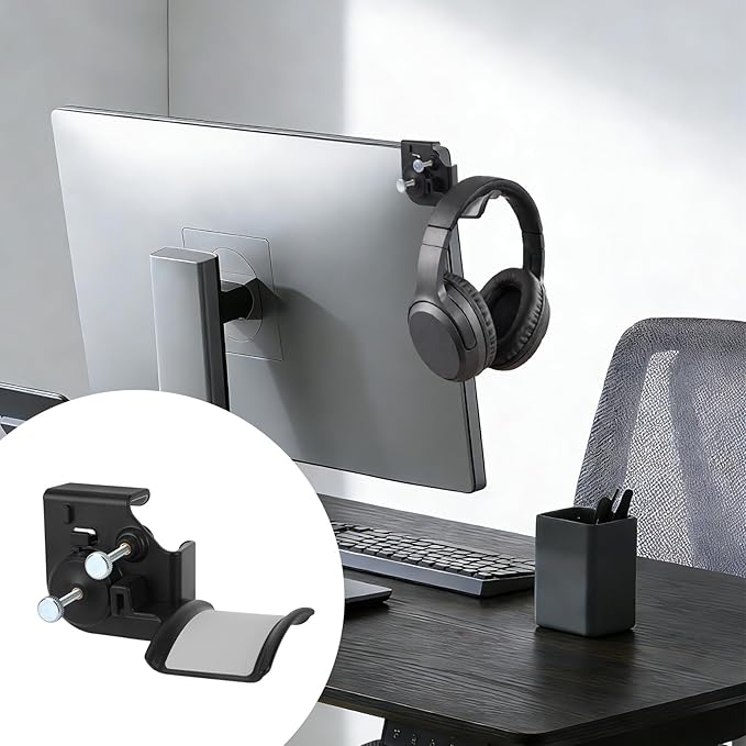 Fukaisu Clamp-On Monitor Headphone Stand, Adjustable Headset Holder Monitor Mount with Silicone Protection Desk Organizer for Home Office Gaming & Study