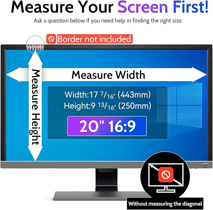 Peslv Computer Privacy Screen 20 Inch for 16:9 Widescreen Monitor, Removable 20inch Anti Blue Light Anti Glare Monitor Privacy Filter Shield (17 7/16" x 9 13/16")