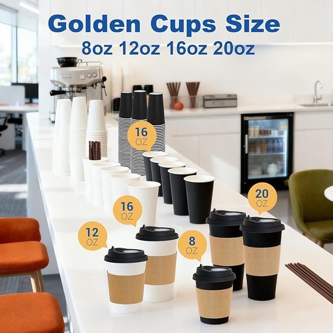 Coolcap 16 oz 300 Pack Coffee Cups with Lids and Sleeves, Straws, Hot Disposable To Go Travel Paper Cups Bulk for Office, Home Coffee Bar Accessories, Chocolate, Cocoa, Beverage (White)