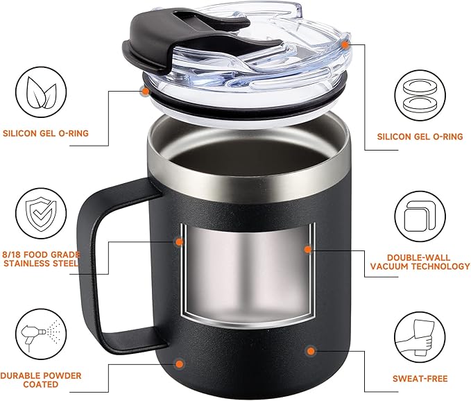 ALOUFEA 12oz Insulated Coffee Mug Cup with Handle, Stainless Steel Travel Coffee Mug with Flip Lid, Double Wall Vacuum Coffee Tumbler,Sky Blue