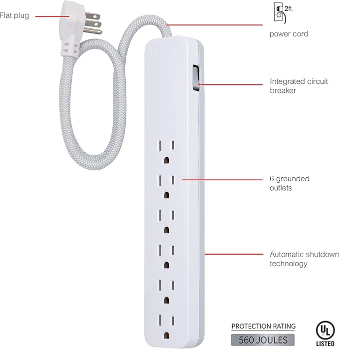 GE UltraPro 6 Outlet Surge Protector, 2 Ft Designer Braided Extension Cord, Flat Plug, Wall Mount, White, 45264