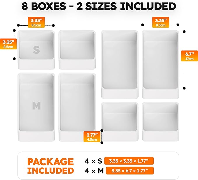 eazttouz 8 Pack Stackable Drawer Organizer Trays, Plastic Shallow Storage Bins for Bathroom Vanity, Desk Drawer, Kitchen, Makeup Organization, White (4M+4S)